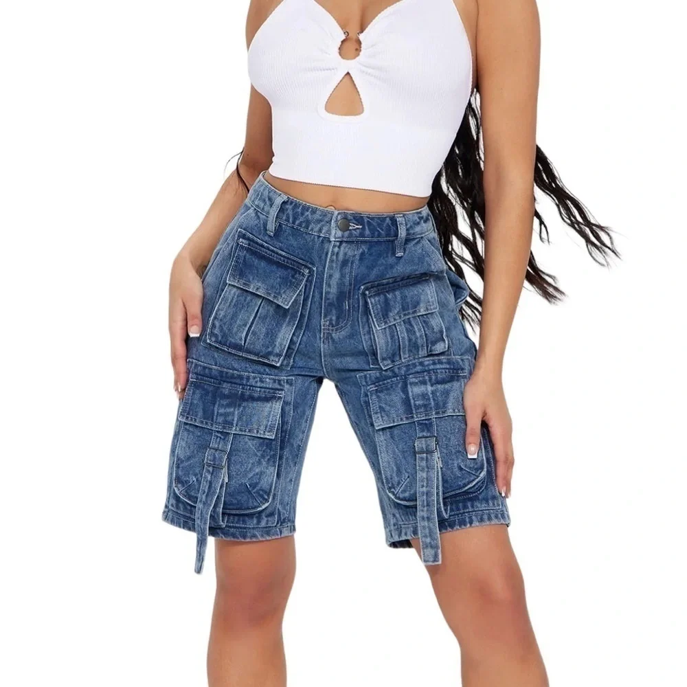 NWT Fashion Nova In My Own Lane Non Stretch Cargo Shorts-Denim